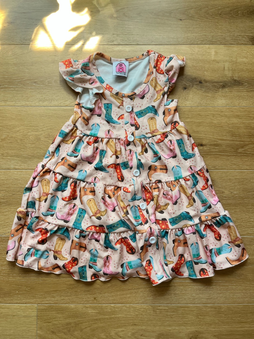 Girls' Pink Cowboy Boot Print Ruffle Dress